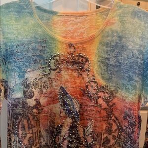 Y2K 90’s Semi Sheer 3/4 Sleeve Pull Over Rhinestone Accents Pastel Spring/Summer